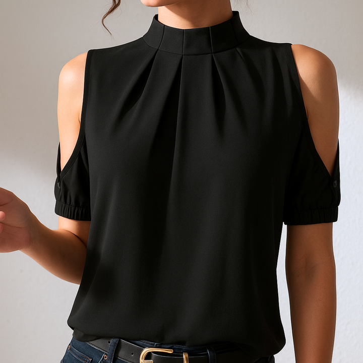 Niva™ | Zwarte Geplooide Blouse met Gespleten Mouwen