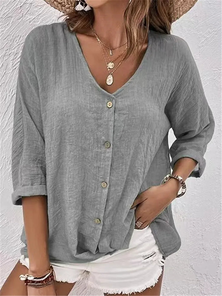 Fleur | Zomerse Linnen Blouse met Fijne Knoopsluiting