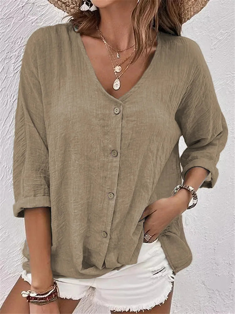 Fleur | Zomerse Linnen Blouse met Fijne Knoopsluiting